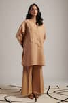 Moh India_Beige 100% Pure Linen Plain Round Collar Soul Tunic _at_Aza_Fashions