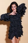 Buy_Echke_Black Rayon Solid Round Frilled Top _Online_at_Aza_Fashions