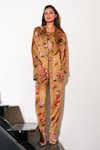 Buy_Echke_Brown Viscose Printed Floral Lapel Collar Jacket And Pant Set _at_Aza_Fashions