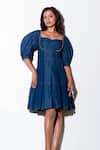 Echke_Blue Denim Solid Sweetheart Flared Short Dress _Online_at_Aza_Fashions