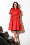 Echke_Red Lycra Solid Collar Flared Dress _Online_at_Aza_Fashions