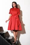 Shop_Echke_Red Lycra Solid Collar Flared Dress _Online_at_Aza_Fashions