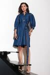 Echke_Blue Cambric Solid Stand Collar Short Dress _Online_at_Aza_Fashions