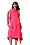 Echke_Pink Crepe Solid Asymmetric Neck Flared Midi Dress _Online_at_Aza_Fashions