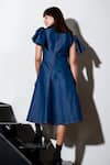 Shop_Echke_Blue Denim Solid V Neck Flared Dress _at_Aza_Fashions