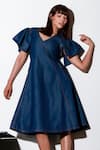 Echke_Blue Denim Solid V Neck Flared Dress _at_Aza_Fashions