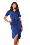 Echke_Blue Crepe Solid Collar Ruched Short Dress _Online_at_Aza_Fashions