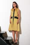 Echke_Yellow Polyester Solid Round Front Pleated Midi Dress _Online_at_Aza_Fashions