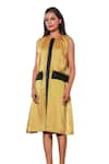 Buy_Echke_Yellow Polyester Solid Round Front Pleated Midi Dress _Online_at_Aza_Fashions