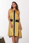 Echke_Yellow Polyester Solid Round Front Pleated Midi Dress _at_Aza_Fashions