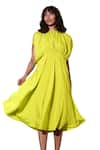 Echke_Yellow Crepe Solid Round Ruched Neck Flared Dress _Online_at_Aza_Fashions