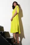 Buy_Echke_Yellow Crepe Solid Round Ruched Neck Flared Dress _Online_at_Aza_Fashions