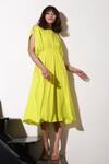 Shop_Echke_Yellow Crepe Solid Round Ruched Neck Flared Dress _Online_at_Aza_Fashions