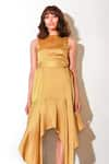 Buy_Echke_Yellow Polyester Solid High Neck Asymmetric Hem Midi Dress _Online_at_Aza_Fashions