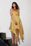 Shop_Echke_Yellow Polyester Solid High Neck Asymmetric Hem Midi Dress _Online_at_Aza_Fashions