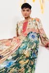 Shop_Verb by Pallavi Singhee_Multi Color Viscose Lurex Georgette Printed Floral Stripe Round Pintucked Dress _Online_at_Aza_Fashions