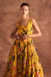 Shop_Verb by Pallavi Singhee_Yellow Organza Printed Floral Round Tiered Midi Dress _Online_at_Aza_Fashions