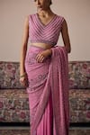 Shop_Irrau by Samir Mantri_Pink Blouse And Saree Georgette Embroidery Sequin Leaf Neck Alika Floral With_Online_at_Aza_Fashions