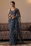 Buy_Irrau by Samir Mantri_Grey Blouse And Saree Net Embroidery Sequin V Neck Avani Flower With _at_Aza_Fashions