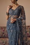 Irrau by Samir Mantri_Grey Blouse And Saree Net Embroidery Sequin V Neck Avani Flower With _Online_at_Aza_Fashions