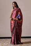 Buy_Irrau by Samir Mantri_Multi Color Satin Printed Floral Halter Neck Sarayi Stripe Saree With Blouse _at_Aza_Fashions