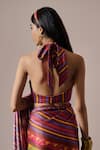 Buy_Irrau by Samir Mantri_Multi Color Satin Printed Floral Halter Neck Sarayi Stripe Saree With Blouse 