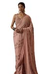 Irrau by Samir Mantri_Peach Georgette Embroidery Sequin Reeva Diagonal Floral Vine Saree _Online_at_Aza_Fashions