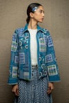 Shruti Sancheti_Blue Cotton Embroidered Kantha Collared Patchwork Jacket  _Online_at_Aza_Fashions