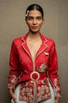 Buy_Shruti Sancheti_Red Cotton Embroidered Floral Lapel Collar Jacket With Belt _at_Aza_Fashions