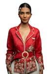 Shruti Sancheti_Red Cotton Embroidered Floral Lapel Collar Jacket With Belt _Online_at_Aza_Fashions