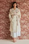 Buy_Shruti Sancheti_Off White Cotton Embroidered Floral Shawl Long Trench Jacket With Belt  _at_Aza_Fashions