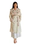 Shruti Sancheti_Off White Cotton Embroidered Floral Shawl Long Trench Jacket With Belt  _Online_at_Aza_Fashions