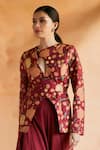 Buy_Shruti Sancheti_Red Silk Mul Print Floral Asymmetric Neck Jacket With Flared Pant _Online_at_Aza_Fashions