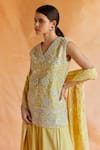 Shop_Shruti Sancheti_Yellow Silk Mul Embroidery Thread V Neck Sheesh Bloom Garden Kurta Palazzo Set _at_Aza_Fashions