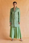 Buy_Shruti Sancheti_Green Raw Silk Embroidery Thread Lapel Collar Sheesh Bloom Blazer With Palazzo _at_Aza_Fashions