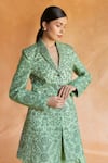 Shop_Shruti Sancheti_Green Raw Silk Embroidery Thread Lapel Collar Sheesh Bloom Blazer With Palazzo _at_Aza_Fashions