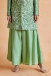 Shruti Sancheti_Green Raw Silk Embroidery Thread Lapel Collar Sheesh Bloom Blazer With Palazzo _Online_at_Aza_Fashions