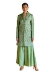 Buy_Shruti Sancheti_Green Raw Silk Embroidery Thread Lapel Collar Sheesh Bloom Blazer With Palazzo _Online_at_Aza_Fashions