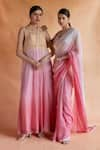 Shop_Shruti Sancheti_Pink Habutai Embroidery Thread Round Ombre Lace Border Saree With Bloom Blouse _at_Aza_Fashions