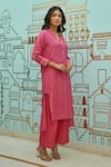 Buy_Kapraaaha_Pink Muslin Embroidered Floral V Neck Thread Tunic And Pant Set _Online_at_Aza_Fashions