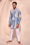 Buy_Kaaj Button x AZA_Blue Chanderi Silk Embroidery Thread Geometric Kurta Set _at_Aza_Fashions