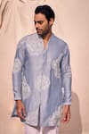 Buy_Kaaj Button x AZA_Blue Chanderi Silk Embroidery Thread Geometric Kurta Set 