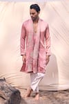 Buy_Kaaj Button x AZA_Pink Satin Linen Embroidery Thread Placket Kurta Set _at_Aza_Fashions