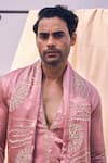 Shop_Kaaj Button x AZA_Pink Satin Linen Embroidery Thread Placket Kurta Set _Online_at_Aza_Fashions