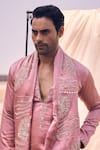 Kaaj Button x AZA_Pink Satin Linen Embroidery Thread Placket Kurta Set _at_Aza_Fashions