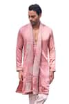 Shop_Kaaj Button x AZA_Pink Satin Linen Embroidery Thread Placket Kurta Set 