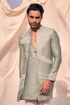 Buy_Kaaj Button x AZA_Green Chanderi Silk Embroidery Thread Linear Bundi And Kurta Set 