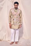 Buy_Kaaj Button x AZA_Green Organza Embroidery Thread Mirror Bundi And Kurta Set _at_Aza_Fashions