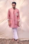 Buy_Kaaj Button x AZA_Pink Chanderi Silk Embroidery Thread Placement Bundi And Kurta Set _at_Aza_Fashions