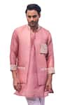 Buy_Kaaj Button x AZA_Pink Chanderi Silk Embroidery Thread Placement Bundi And Kurta Set _Online_at_Aza_Fashions